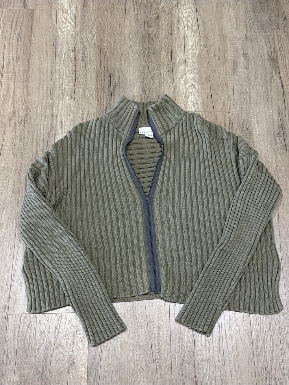 Bryn Walker Cardigan Sweater Womens M Olive Green Ribbed Knit Boxy Mock Neck Zip